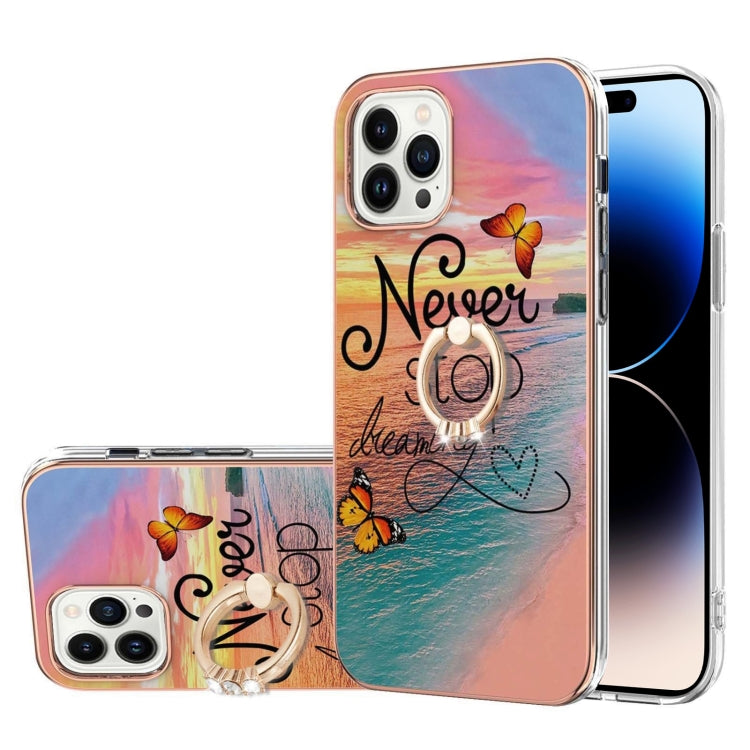 For iPhone 14 Pro Max Electroplating Pattern IMD TPU Shockproof Case with Rhinestone Ring Holder
