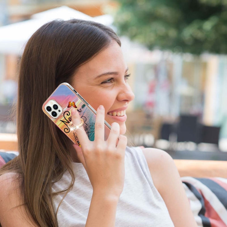 For iPhone 14 Pro Max Electroplating Pattern IMD TPU Shockproof Case with Rhinestone Ring Holder