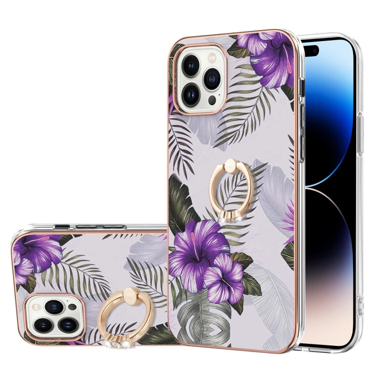 For iPhone 14 Pro Max Electroplating Pattern IMD TPU Shockproof Case with Rhinestone Ring Holder