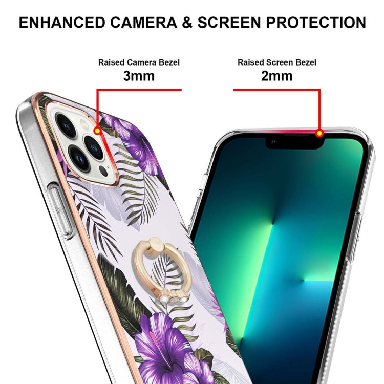 For iPhone 14 Pro Max Electroplating Pattern IMD TPU Shockproof Case with Rhinestone Ring Holder