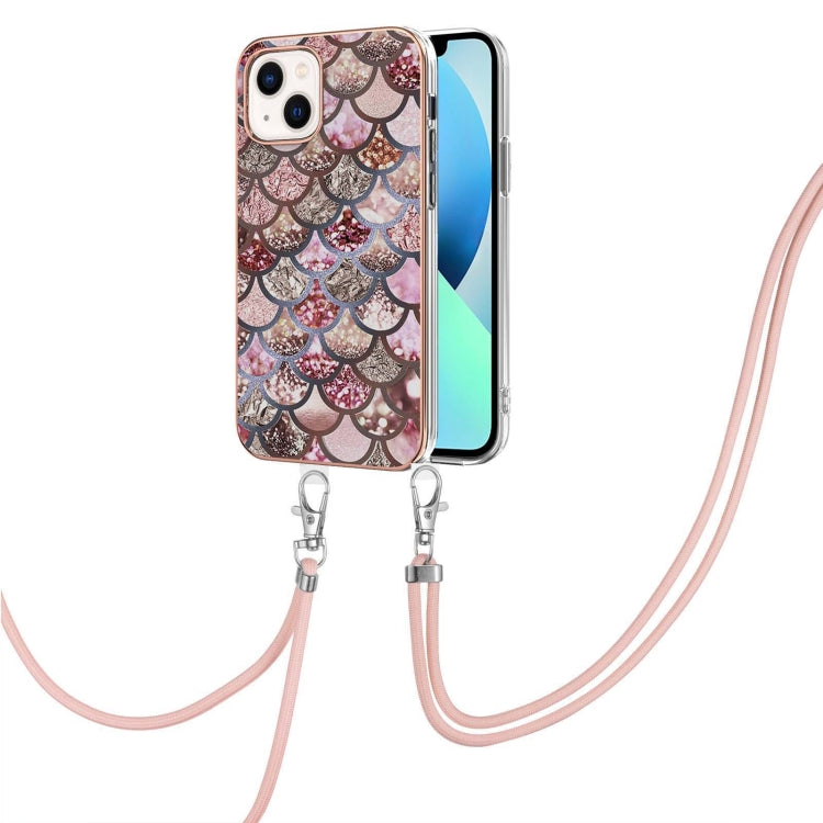 For iPhone 14 Electroplating Pattern IMD TPU Shockproof Case with Neck Lanyard