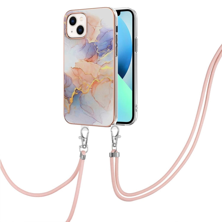 For iPhone 14 Electroplating Pattern IMD TPU Shockproof Case with Neck Lanyard