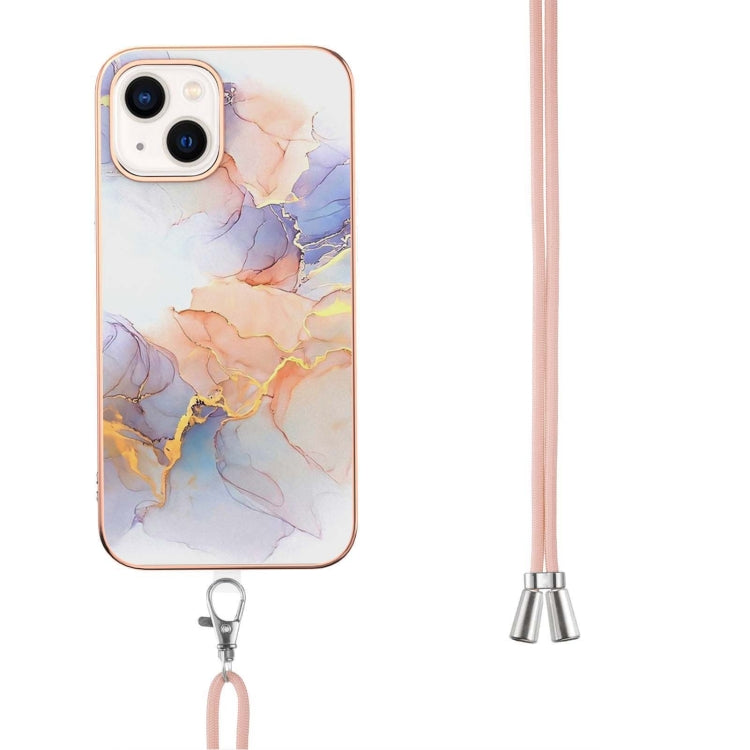 For iPhone 14 Electroplating Pattern IMD TPU Shockproof Case with Neck Lanyard