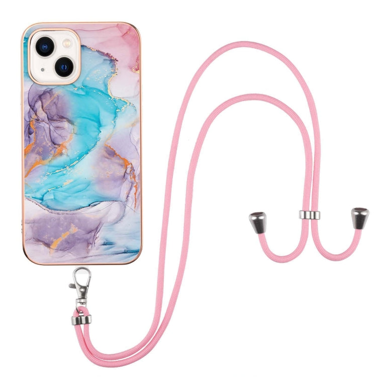 For iPhone 14 Electroplating Pattern IMD TPU Shockproof Case with Neck Lanyard
