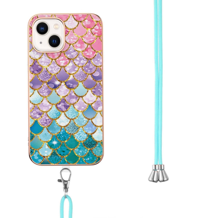 For iPhone 14 Plus Electroplating Pattern IMD TPU Shockproof Case with Neck Lanyard