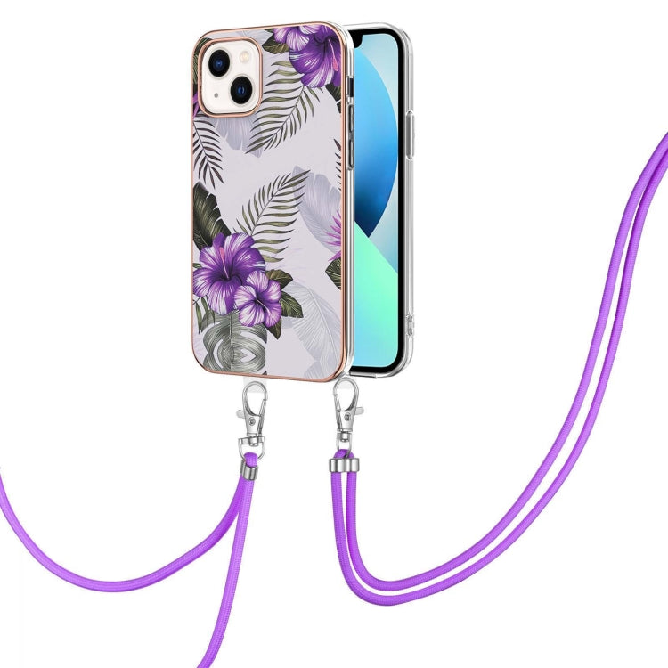 For iPhone 14 Plus Electroplating Pattern IMD TPU Shockproof Case with Neck Lanyard