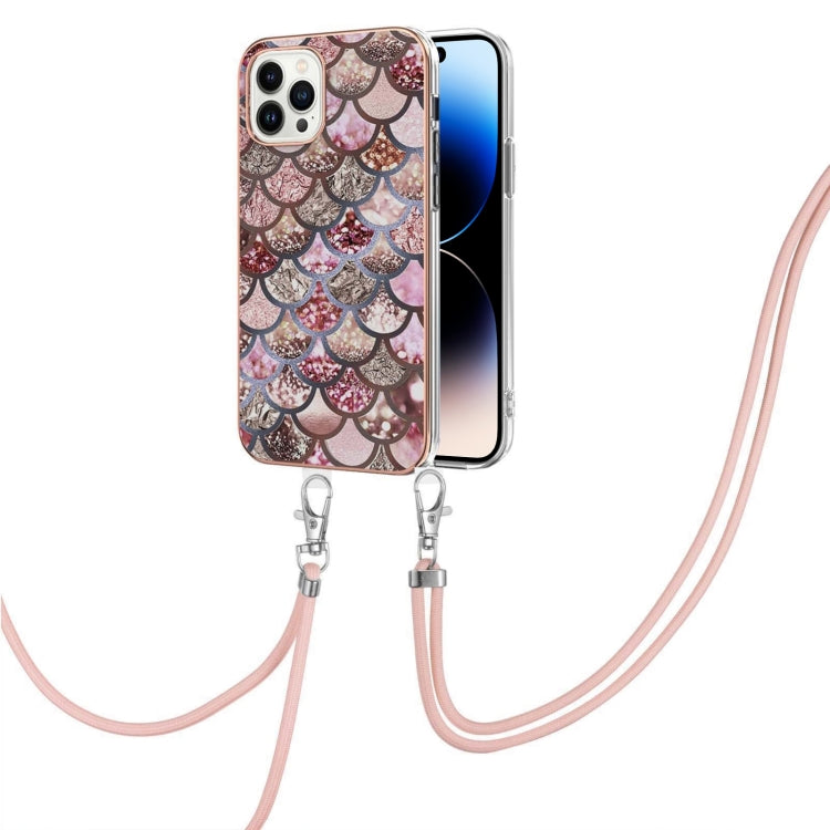 For iPhone 14 Pro Electroplating Pattern IMD TPU Shockproof Case with Neck Lanyard