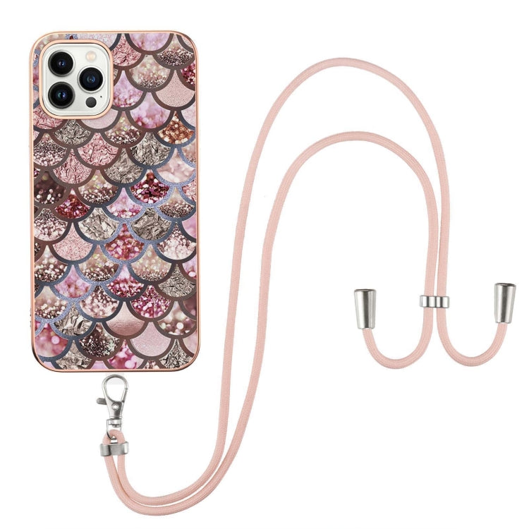 For iPhone 14 Pro Electroplating Pattern IMD TPU Shockproof Case with Neck Lanyard