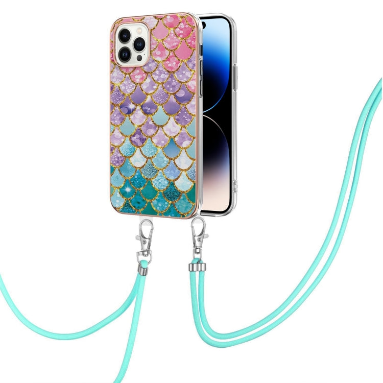 For iPhone 14 Pro Electroplating Pattern IMD TPU Shockproof Case with Neck Lanyard