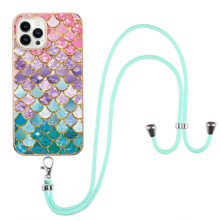 For iPhone 14 Pro Electroplating Pattern IMD TPU Shockproof Case with Neck Lanyard