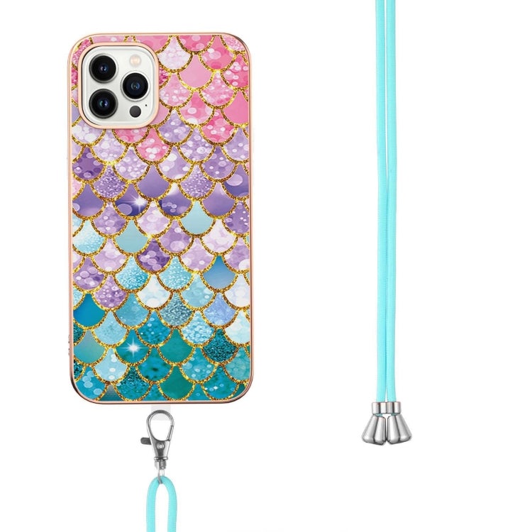 For iPhone 14 Pro Electroplating Pattern IMD TPU Shockproof Case with Neck Lanyard