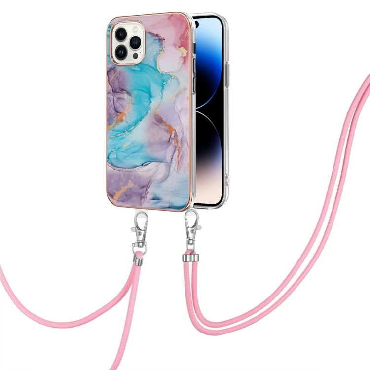 For iPhone 14 Pro Electroplating Pattern IMD TPU Shockproof Case with Neck Lanyard