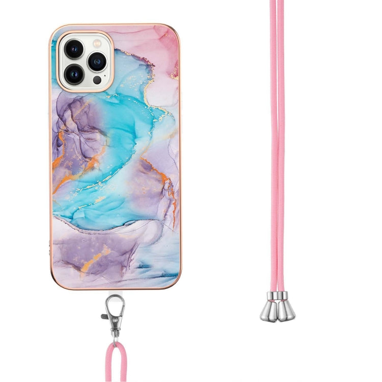 For iPhone 14 Pro Electroplating Pattern IMD TPU Shockproof Case with Neck Lanyard