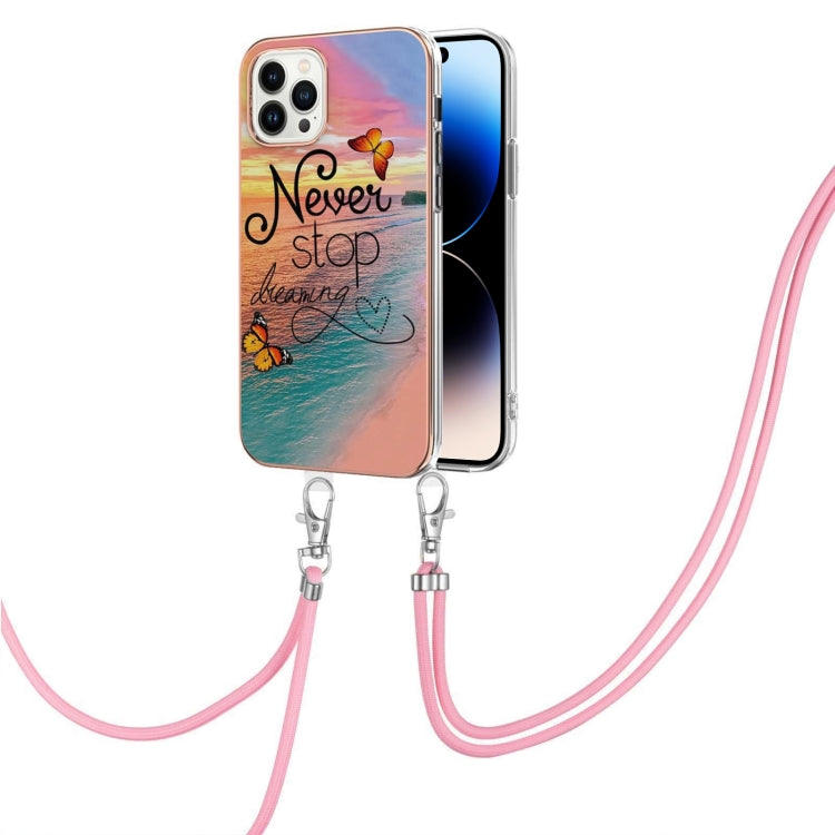 For iPhone 14 Pro Electroplating Pattern IMD TPU Shockproof Case with Neck Lanyard