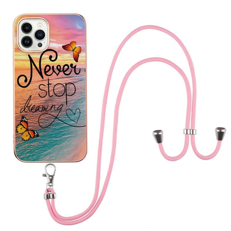 For iPhone 14 Pro Electroplating Pattern IMD TPU Shockproof Case with Neck Lanyard