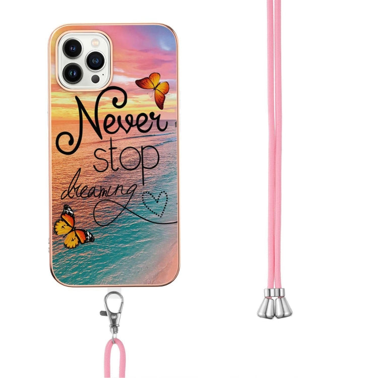 For iPhone 14 Pro Electroplating Pattern IMD TPU Shockproof Case with Neck Lanyard