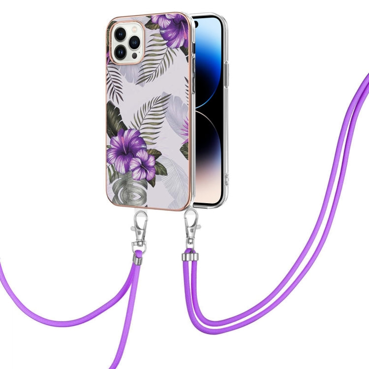 For iPhone 14 Pro Electroplating Pattern IMD TPU Shockproof Case with Neck Lanyard
