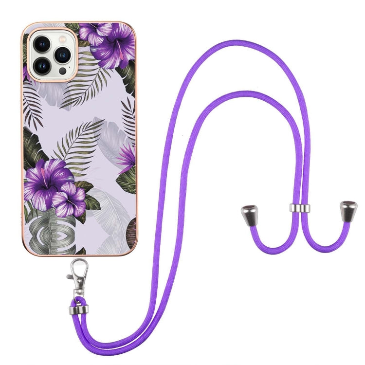 For iPhone 14 Pro Electroplating Pattern IMD TPU Shockproof Case with Neck Lanyard