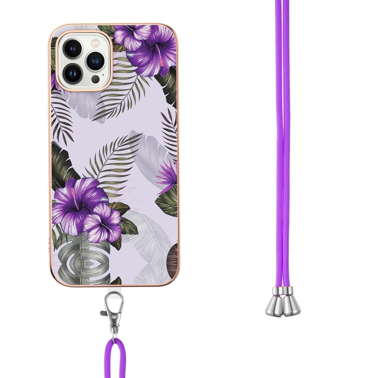 For iPhone 14 Pro Electroplating Pattern IMD TPU Shockproof Case with Neck Lanyard