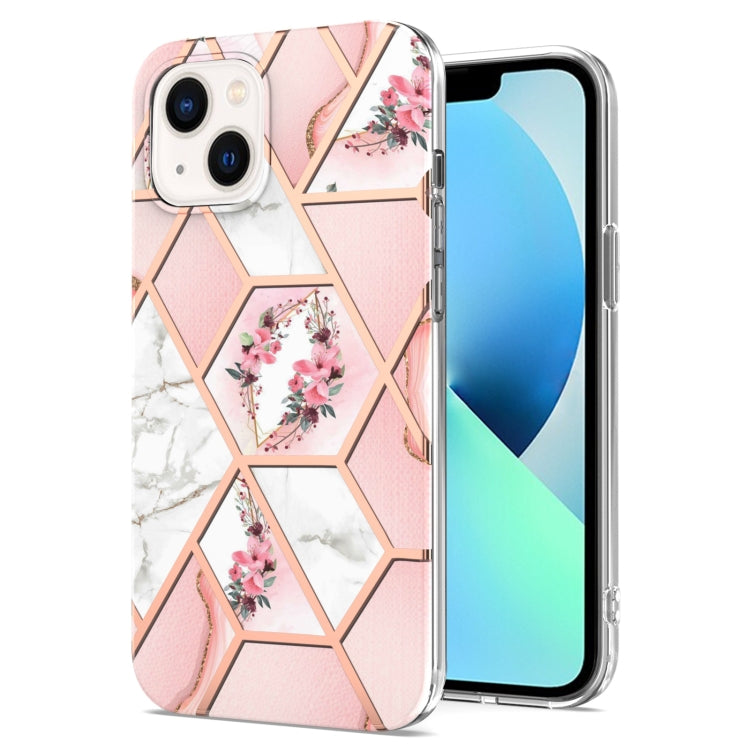 For iPhone 14 Plus Electroplating Splicing Marble Flower Pattern TPU Shockproof Case