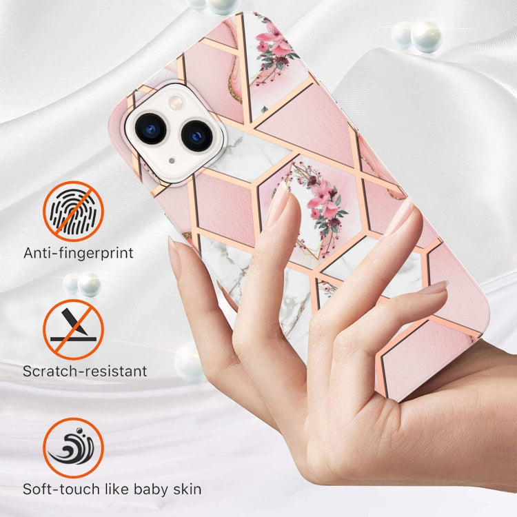 For iPhone 14 Plus Electroplating Splicing Marble Flower Pattern TPU Shockproof Case