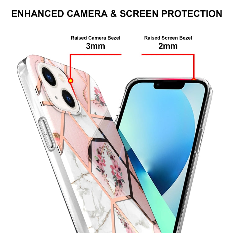 For iPhone 14 Plus Electroplating Splicing Marble Flower Pattern TPU Shockproof Case