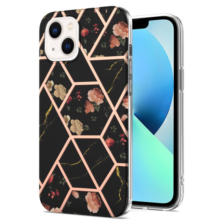 For iPhone 14 Plus Electroplating Splicing Marble Flower Pattern TPU Shockproof Case