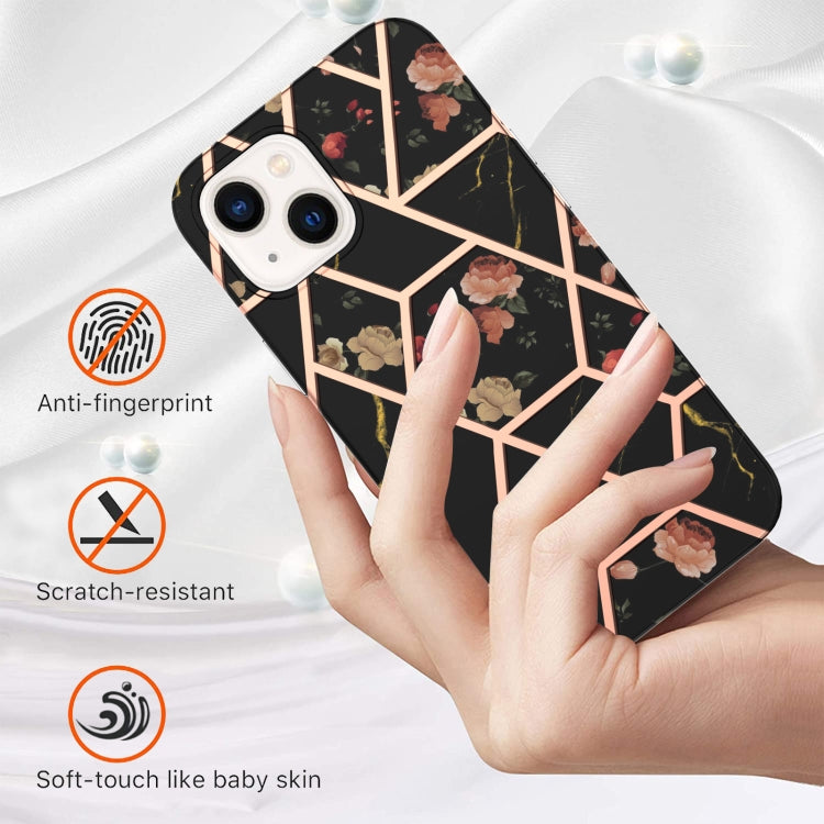 For iPhone 14 Plus Electroplating Splicing Marble Flower Pattern TPU Shockproof Case