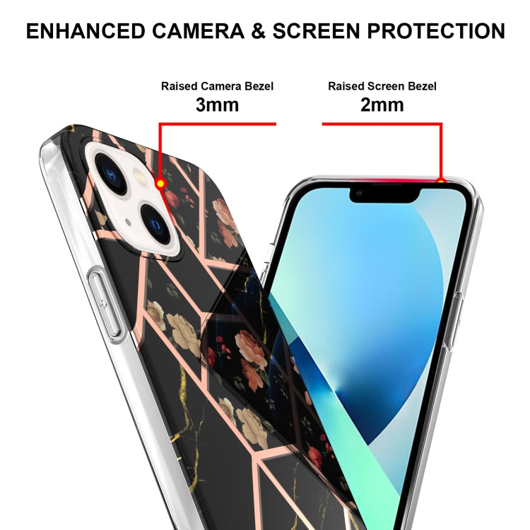 For iPhone 14 Plus Electroplating Splicing Marble Flower Pattern TPU Shockproof Case