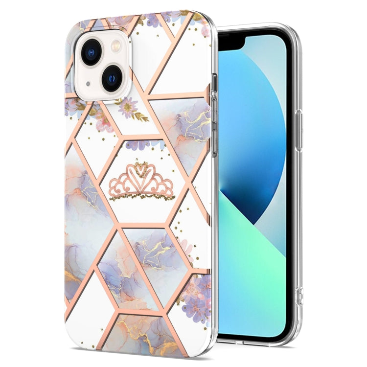 For iPhone 14 Plus Electroplating Splicing Marble Flower Pattern TPU Shockproof Case