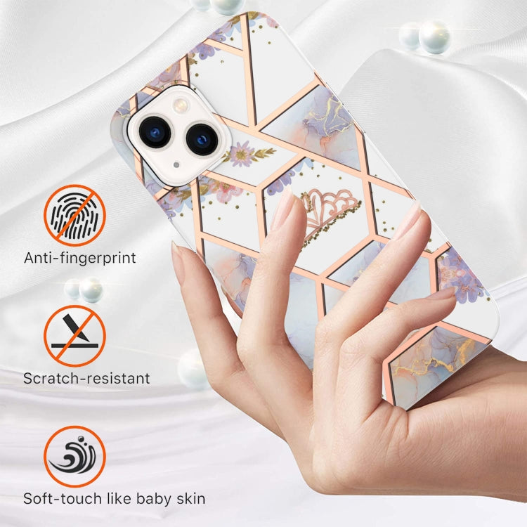 For iPhone 14 Plus Electroplating Splicing Marble Flower Pattern TPU Shockproof Case