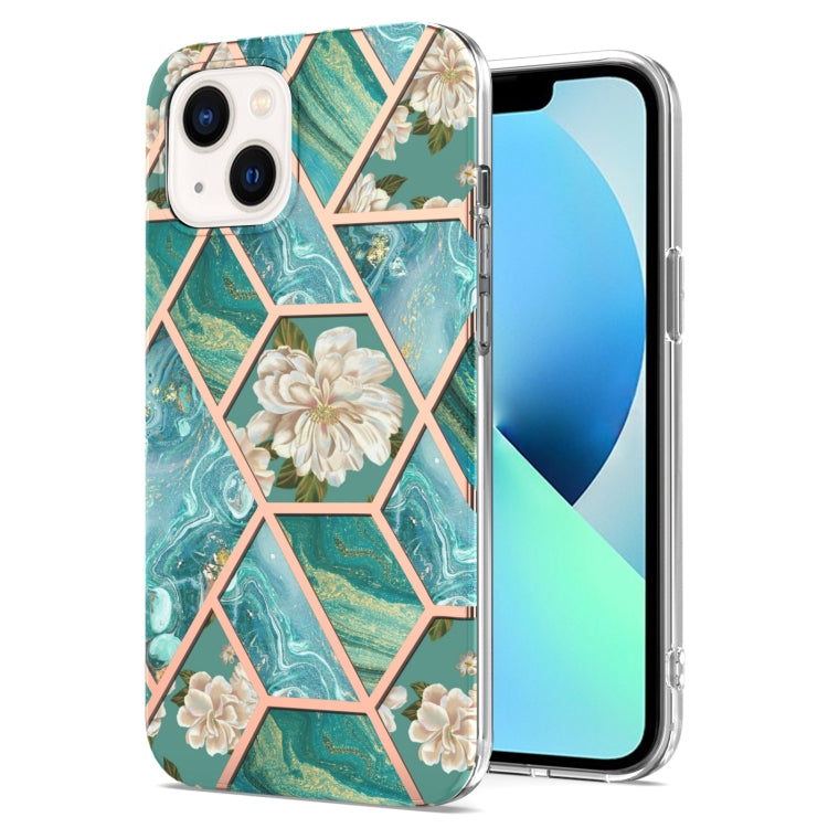 For iPhone 14 Plus Electroplating Splicing Marble Flower Pattern TPU Shockproof Case