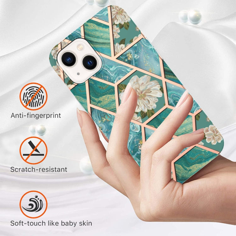 For iPhone 14 Plus Electroplating Splicing Marble Flower Pattern TPU Shockproof Case