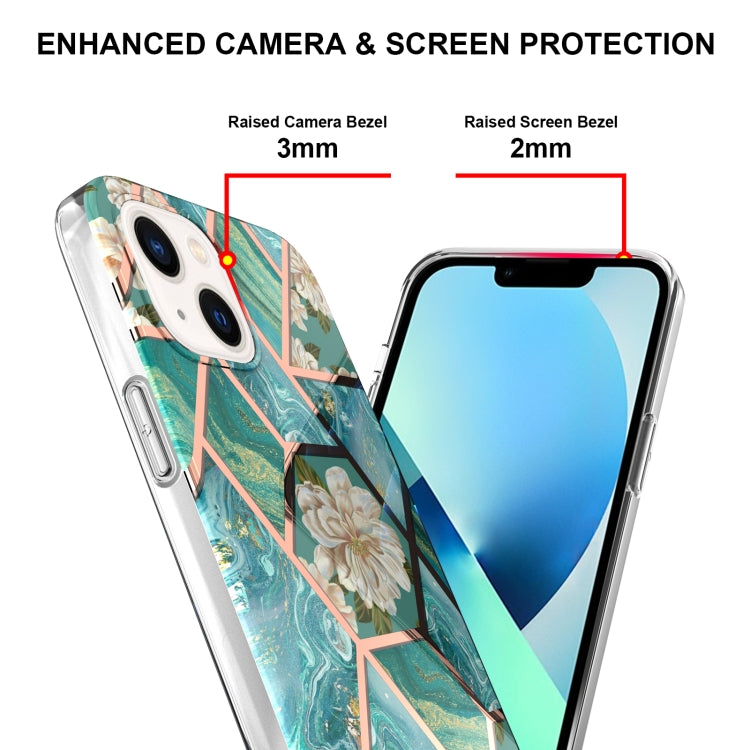 For iPhone 14 Plus Electroplating Splicing Marble Flower Pattern TPU Shockproof Case
