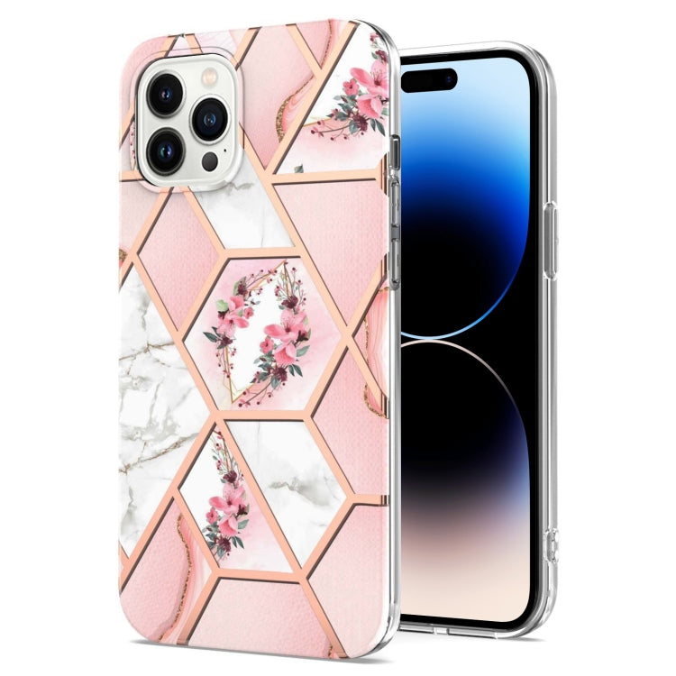 For iPhone 14 Pro Max Electroplating Splicing Marble Flower Pattern TPU Shockproof Case