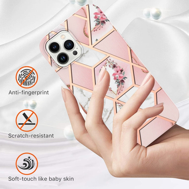For iPhone 14 Pro Max Electroplating Splicing Marble Flower Pattern TPU Shockproof Case