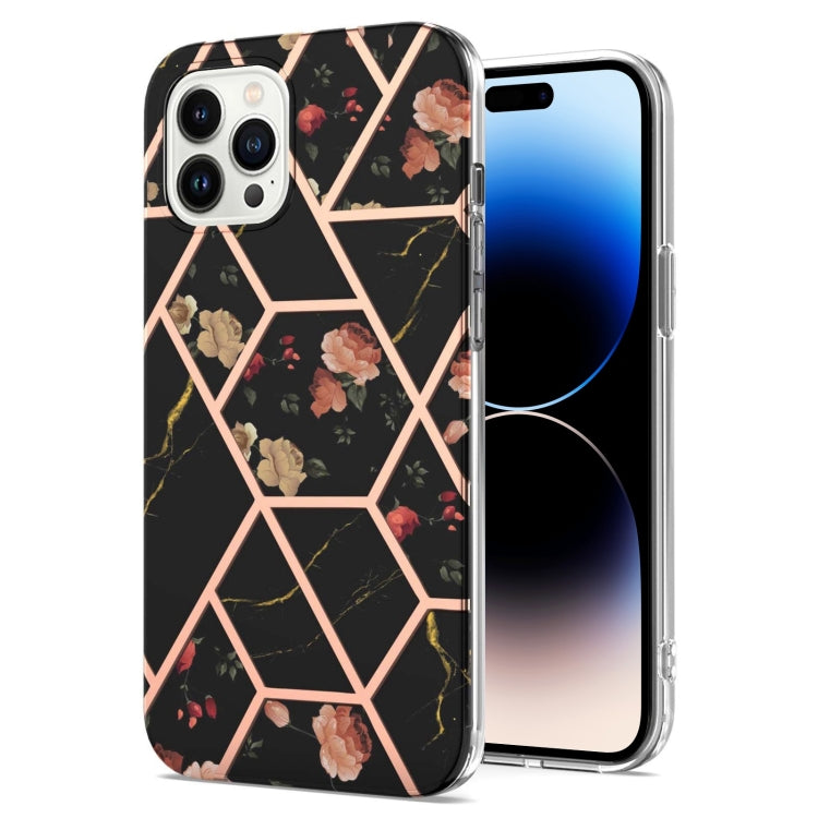 For iPhone 14 Pro Max Electroplating Splicing Marble Flower Pattern TPU Shockproof Case