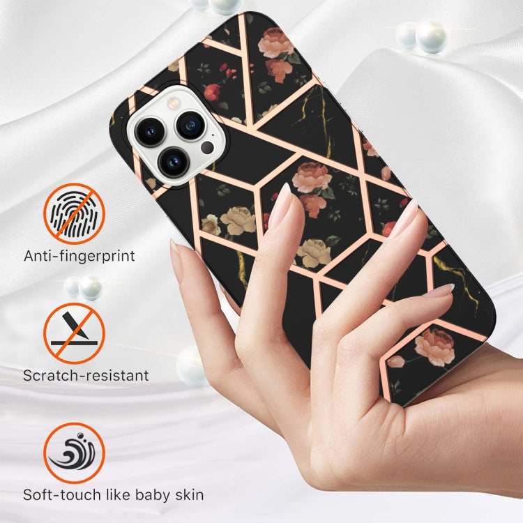 For iPhone 14 Pro Max Electroplating Splicing Marble Flower Pattern TPU Shockproof Case