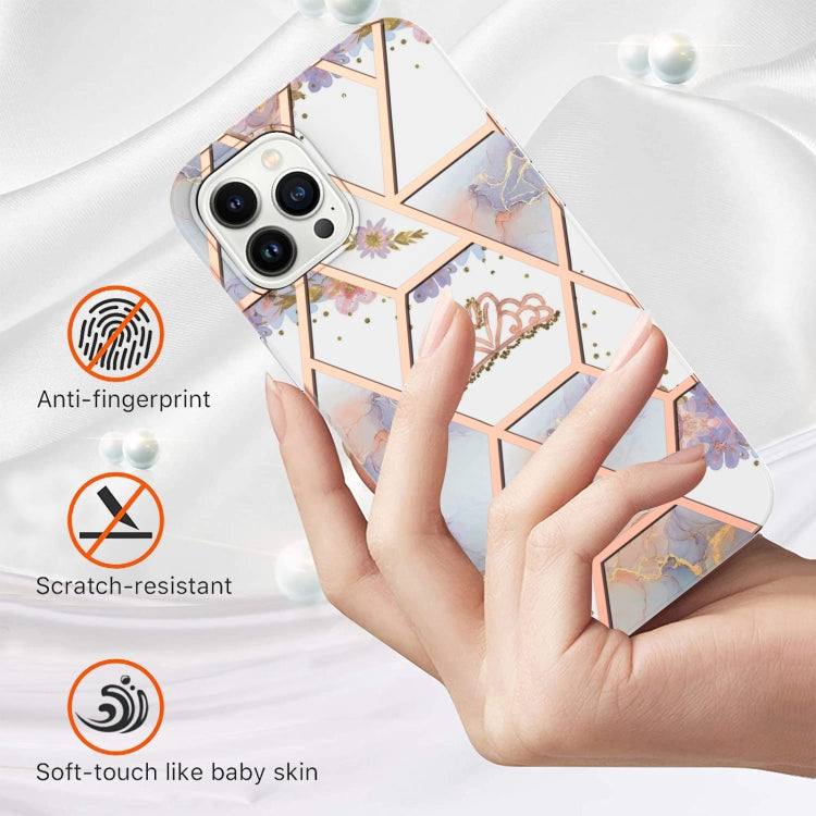 For iPhone 14 Pro Max Electroplating Splicing Marble Flower Pattern TPU Shockproof Case