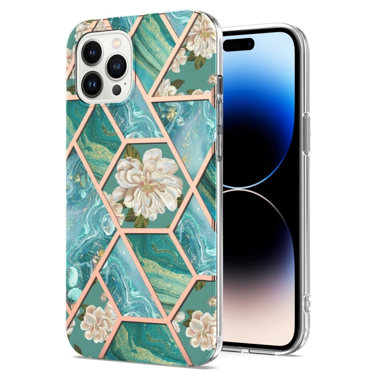 For iPhone 14 Pro Max Electroplating Splicing Marble Flower Pattern TPU Shockproof Case