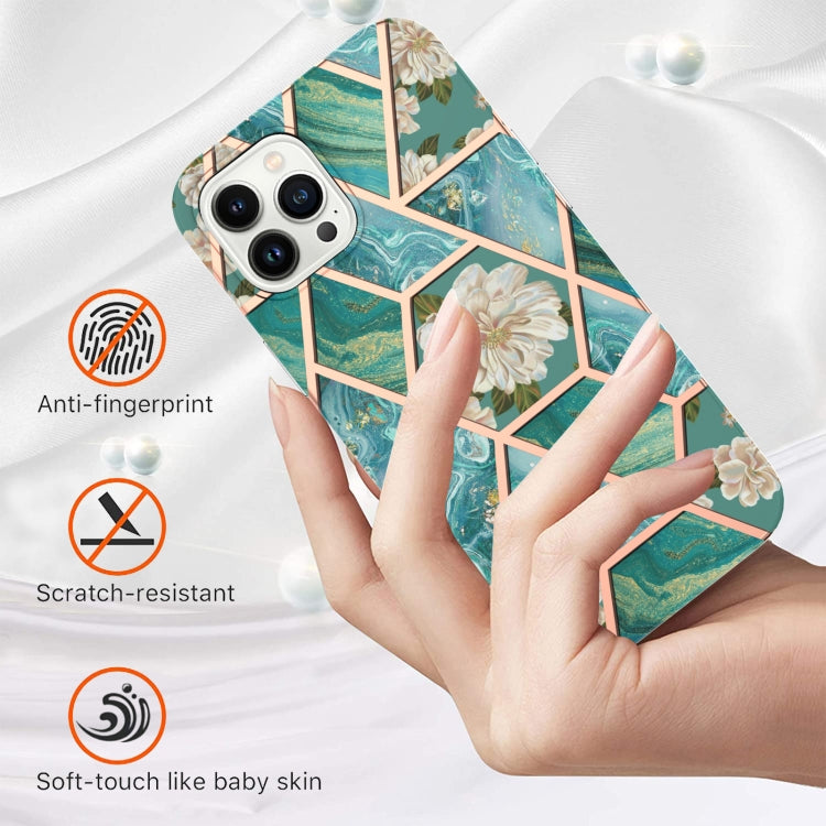 For iPhone 14 Pro Max Electroplating Splicing Marble Flower Pattern TPU Shockproof Case