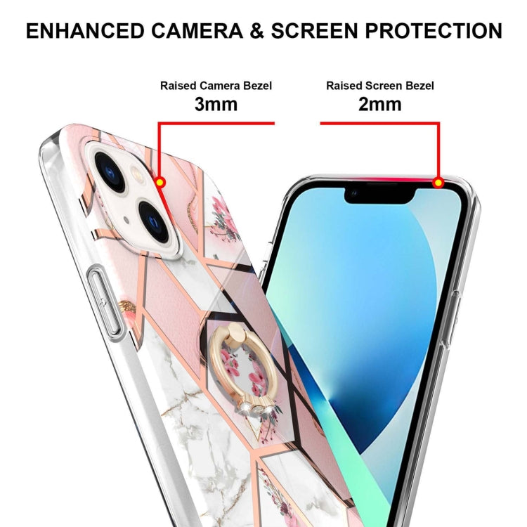 For iPhone 14 Electroplating Splicing Marble Flower Pattern TPU Shockproof Case with Rhinestone Ring Holder