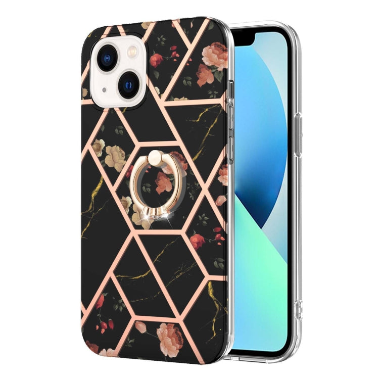 For iPhone 14 Electroplating Splicing Marble Flower Pattern TPU Shockproof Case with Rhinestone Ring Holder