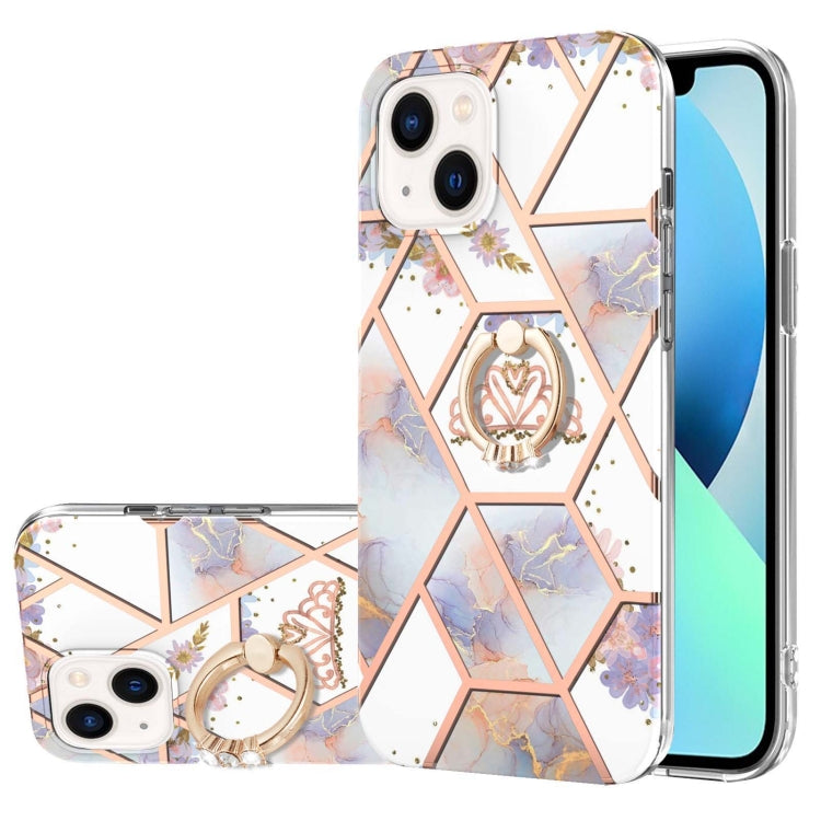 For iPhone 14 Electroplating Splicing Marble Flower Pattern TPU Shockproof Case with Rhinestone Ring Holder