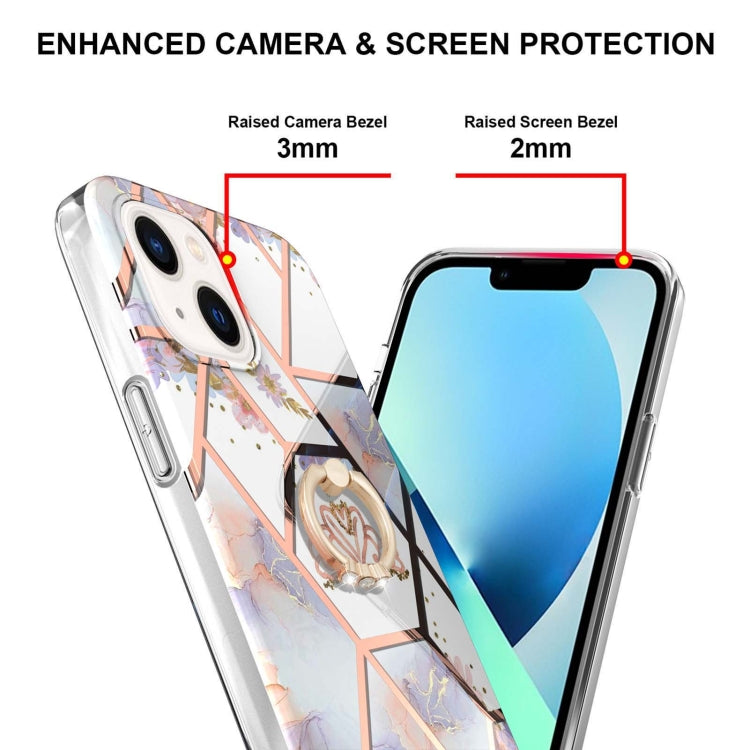 For iPhone 14 Electroplating Splicing Marble Flower Pattern TPU Shockproof Case with Rhinestone Ring Holder