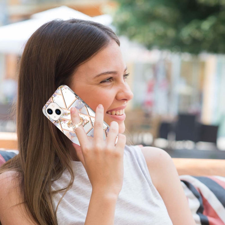 For iPhone 14 Electroplating Splicing Marble Flower Pattern TPU Shockproof Case with Rhinestone Ring Holder