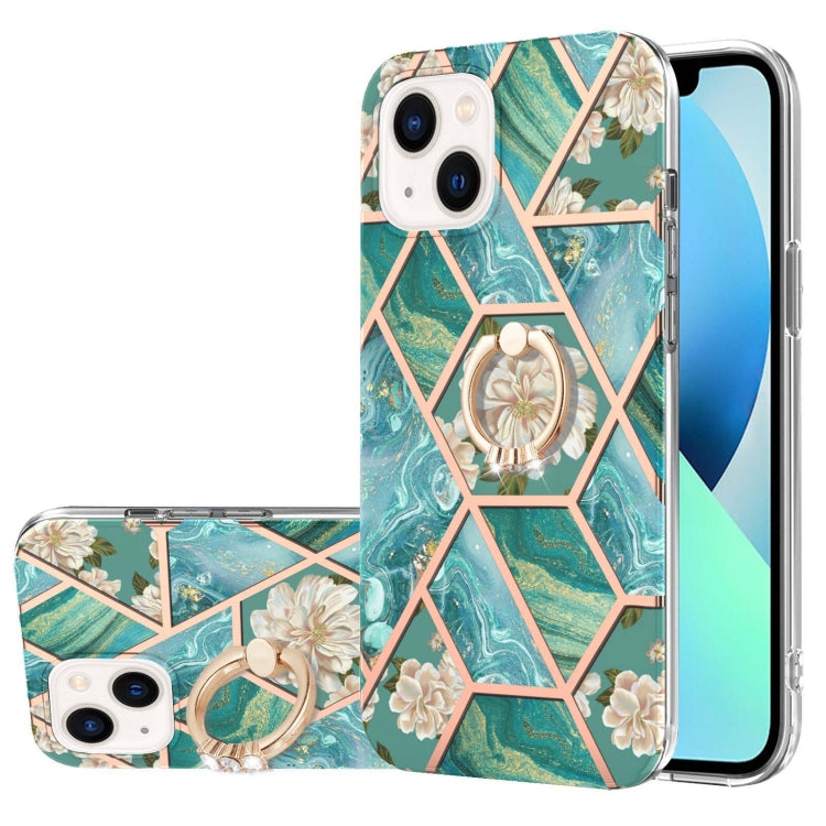 For iPhone 14 Electroplating Splicing Marble Flower Pattern TPU Shockproof Case with Rhinestone Ring Holder