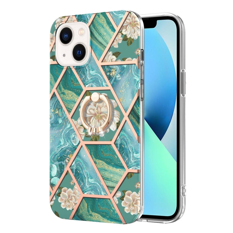 For iPhone 14 Electroplating Splicing Marble Flower Pattern TPU Shockproof Case with Rhinestone Ring Holder