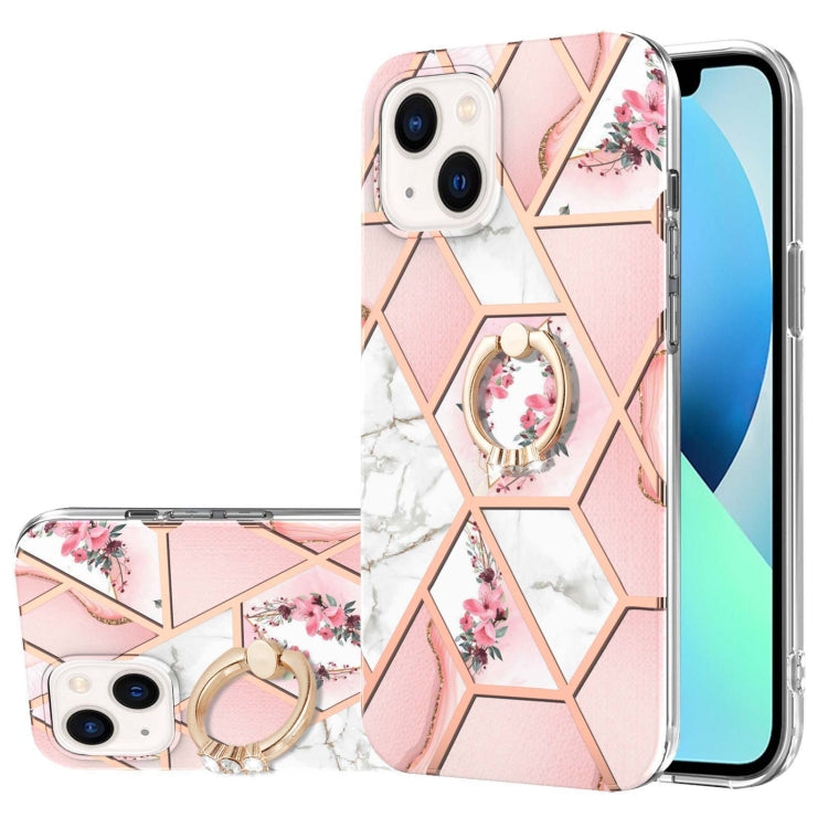 For iPhone 14 Plus Electroplating Splicing Marble Flower Pattern TPU Shockproof Case with Rhinestone Ring Holder