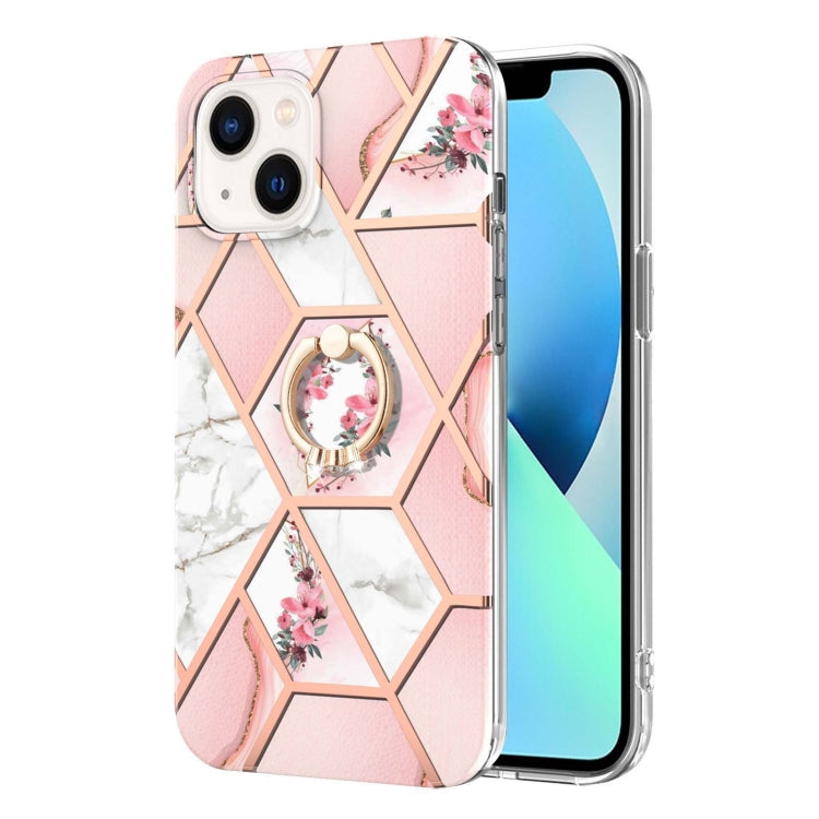 For iPhone 14 Plus Electroplating Splicing Marble Flower Pattern TPU Shockproof Case with Rhinestone Ring Holder